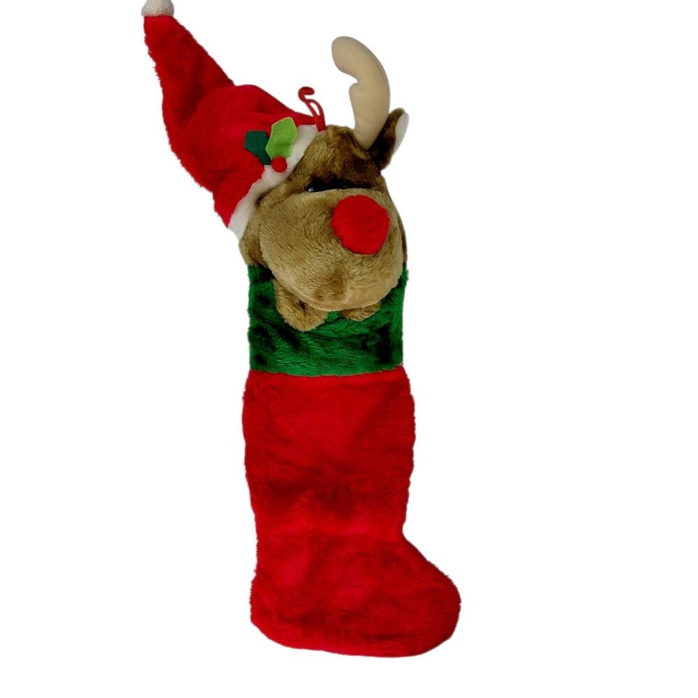 Vtg Fairview 3D Reindeer Plush Christmas Stocking 24” Rudolph Red-Nosed Santa